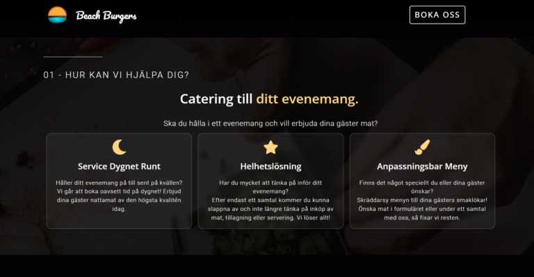 Screenshot av tjänster – Beach Burgers, foodtruck och cateringbolag, skapad av Aqueduct, webbyrå Borås