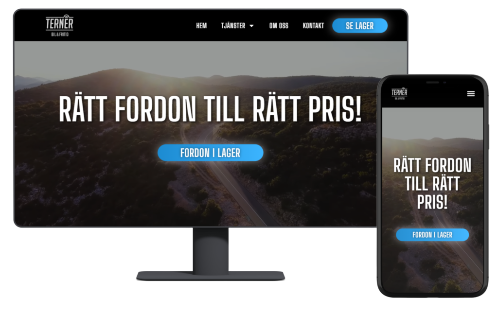 En laptop och mobil som visar ternerbil.se hemsida efter att vi fixade den