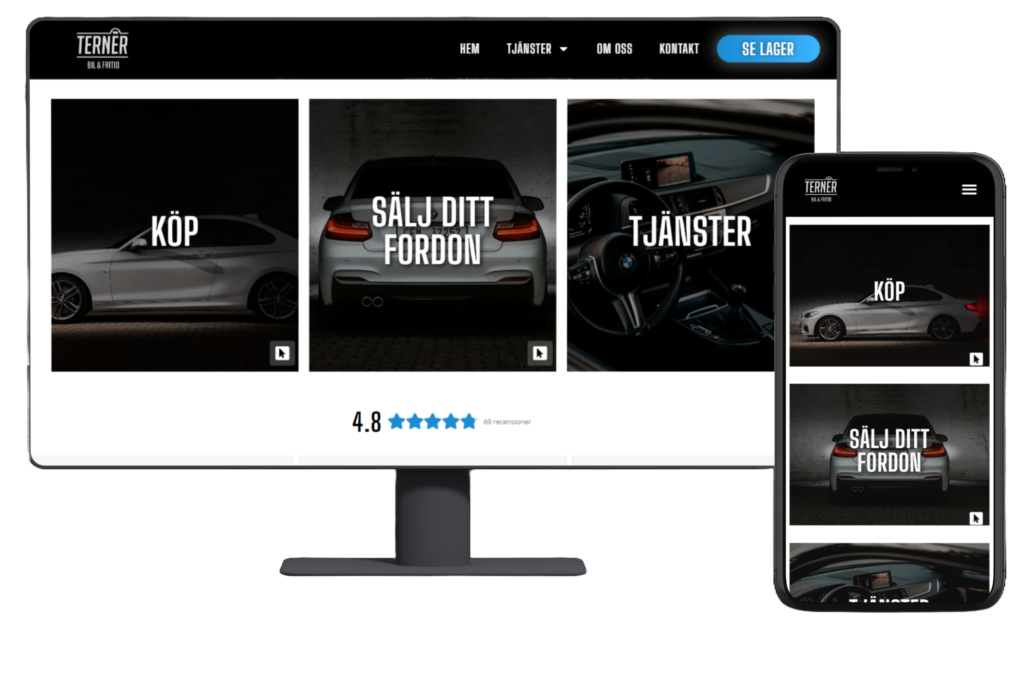 En laptop och mobil som visar ternerbil.se tjänster sida efter att vi fixade den