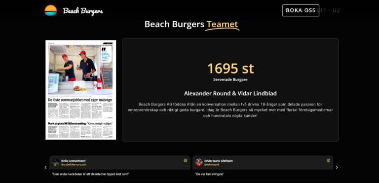 Screenshot av om oss-delen – Beach Burgers, foodtruck och cateringbolag, skapad av Aqueduct, webbyrå Borås.